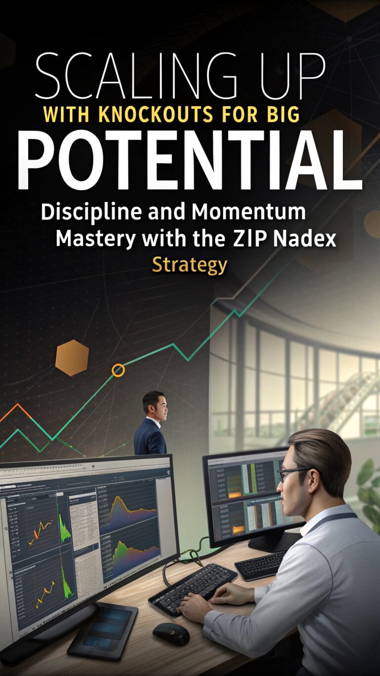 create image with the following text: "Scaling Up with Knockouts for Big Potential - Discipline and Momentum Mastery with the 3TP NADEX Strategy ". Make text large. prominent. images of trading, trading charts, trading computers, money