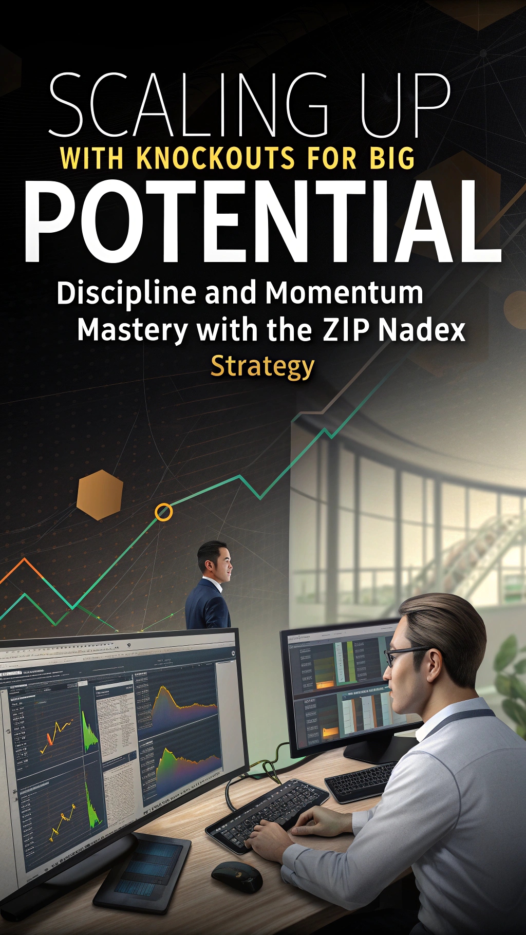 create image with the following text: "Scaling Up with Knockouts for Big Potential - Discipline and Momentum Mastery with the 3TP NADEX Strategy ". Make text large. prominent. images of trading, trading charts, trading computers, money